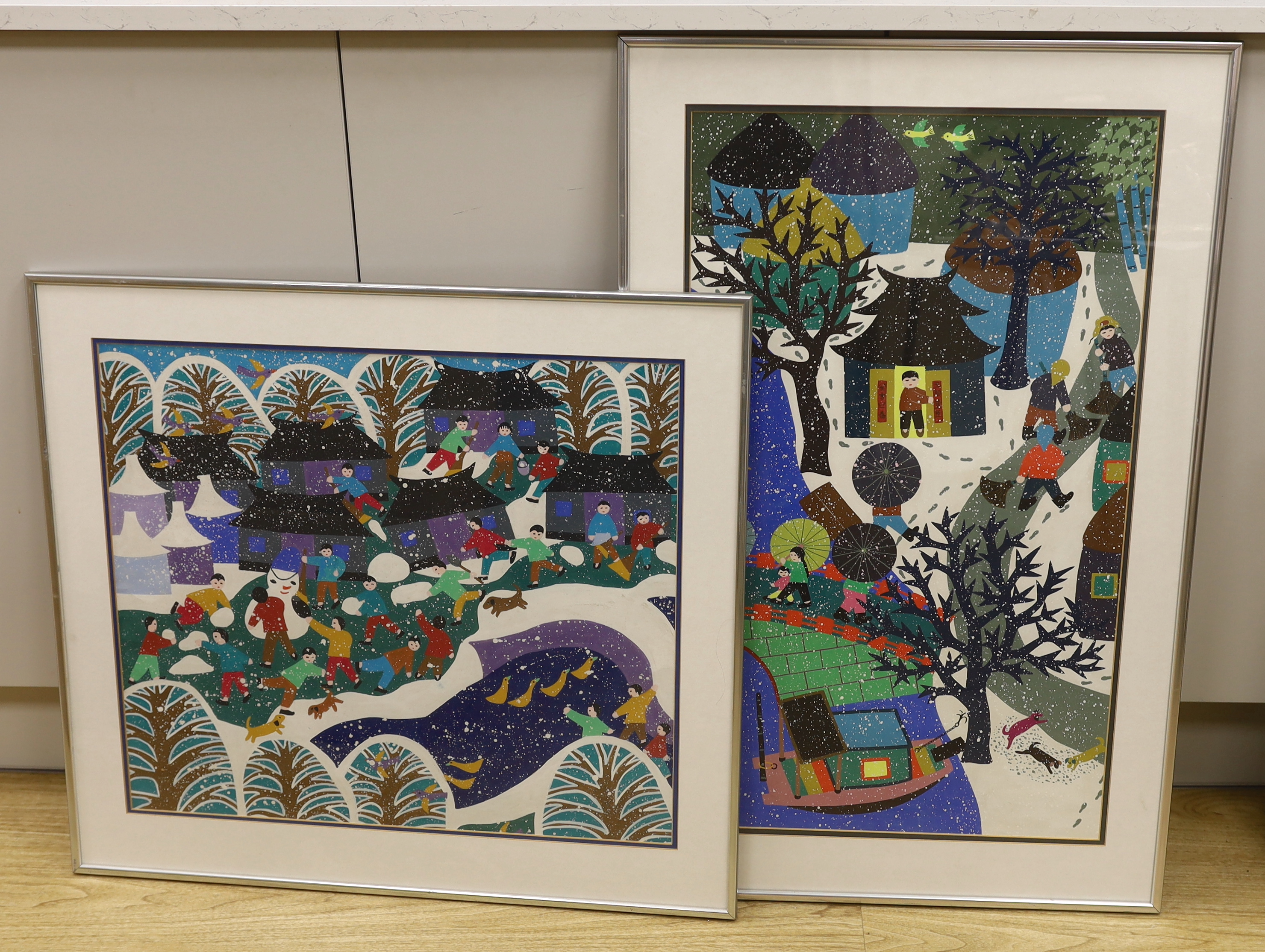 Chinese Jinshan School, two mixed medias, Winter landscapes with figures, largest 46 x 56cm. Condition - good